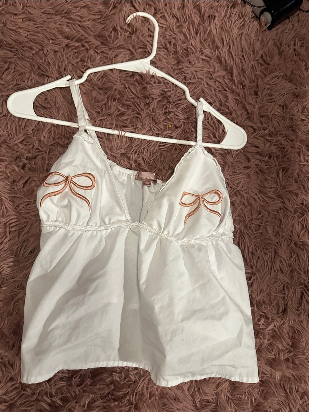 Women's White Satin Camisole with Peach Bow Embroidery